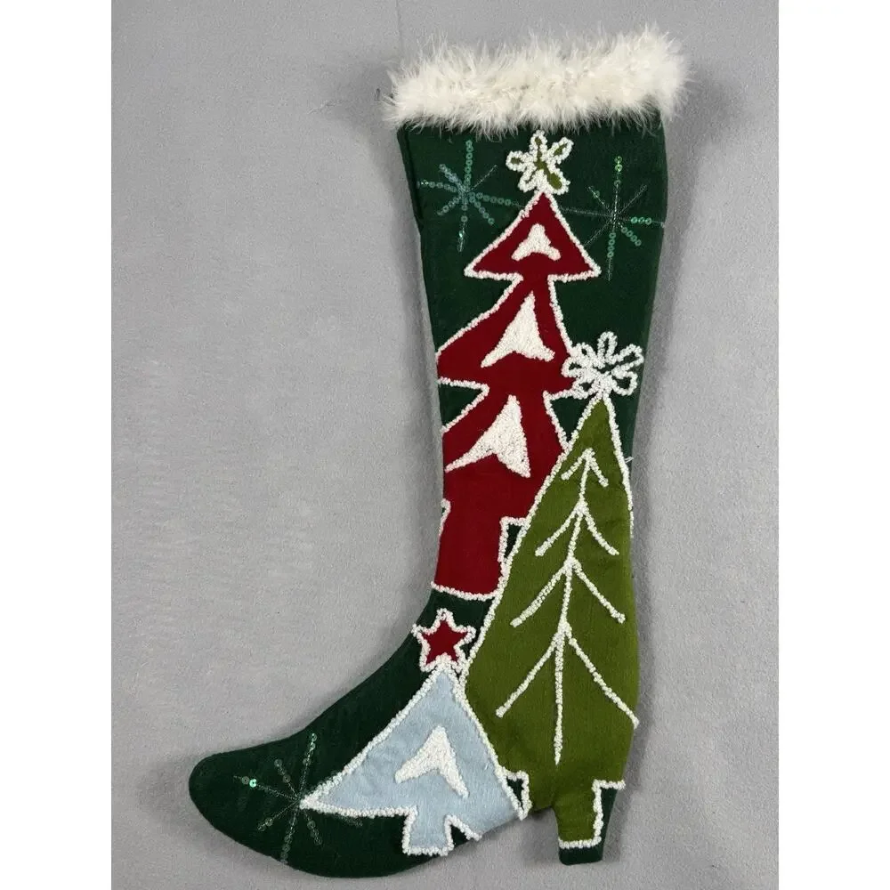 Pier 1 Early 2000s Christmas Stocking Green Red Trees Punch-Needle Faux Fur Trim